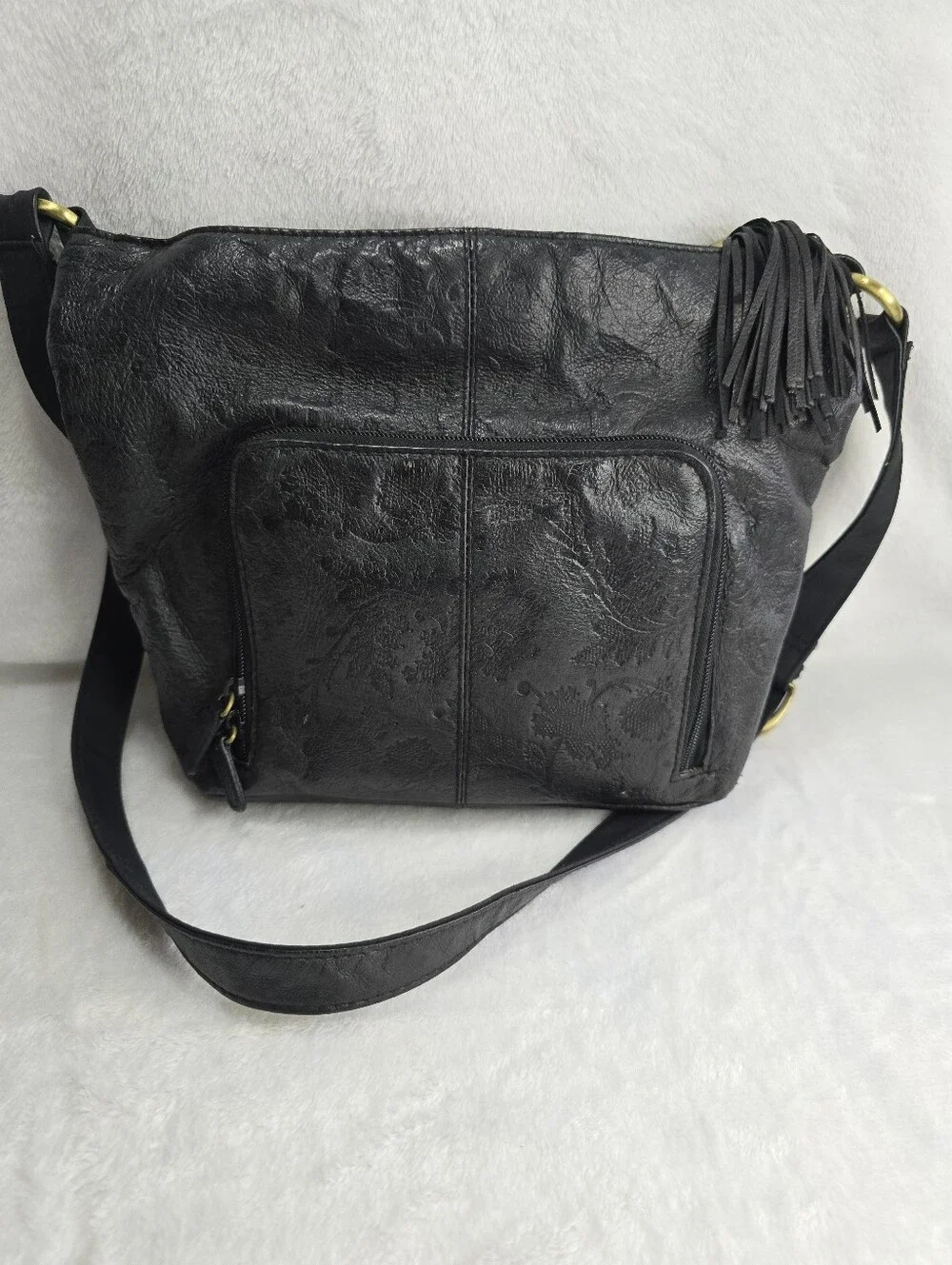 Cabin Creek Black Embossed Real Leather Tassel Shoulder Bag, Buttery Soft